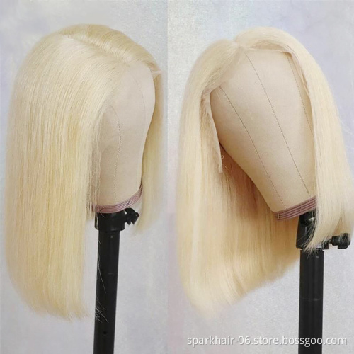 Stock Light Color 613 Pre Plucked Bleached Knots Lace Front Glueless Cuticle Aligned Frontal Cheap Human Hair Blonde Bob Wig